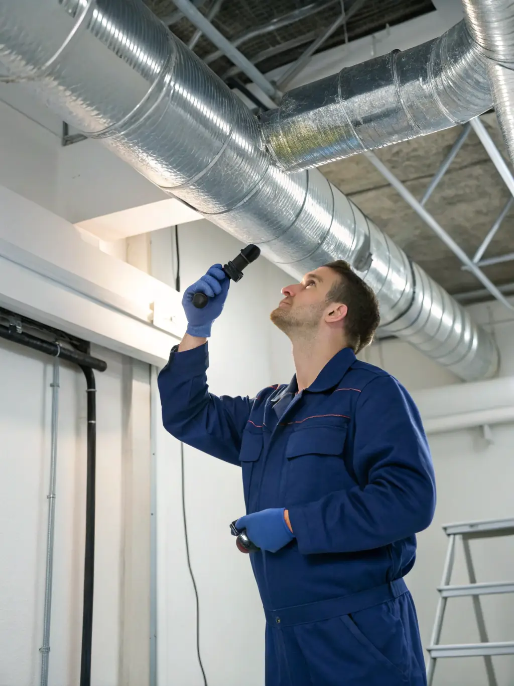 A technician is meticulously inspecting the air ducts of a home HVAC system, ensuring optimal airflow and identifying any potential leaks or blockages.