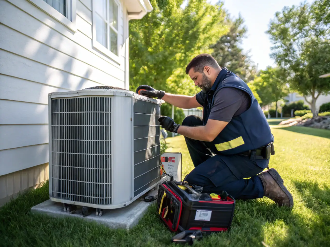 A friendly Action Heating & A/C technician smiling and shaking hands with a satisfied customer in front of their Riverside County home, with an HVAC unit visible in the background.