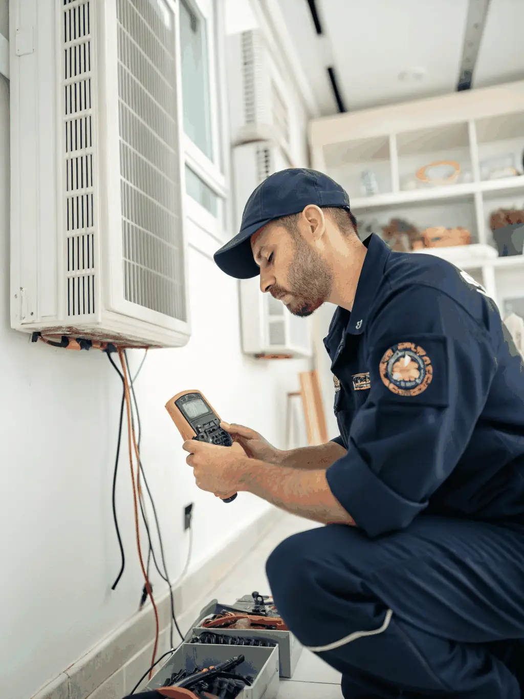 Image depicting a technician performing routine HVAC maintenance on a residential unit, with tools and diagnostic equipment visible.