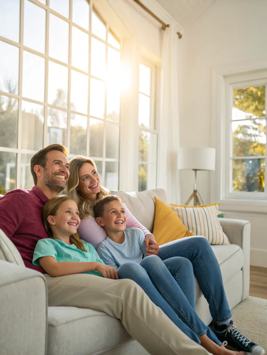 A family relaxing comfortably in their living room, enjoying the perfect temperature provided by their HVAC system.