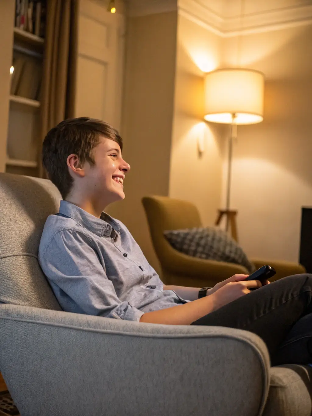 A homeowner smiling contentedly in a comfortably cooled living room, illustrating the peace of mind that comes with reliable HVAC service.