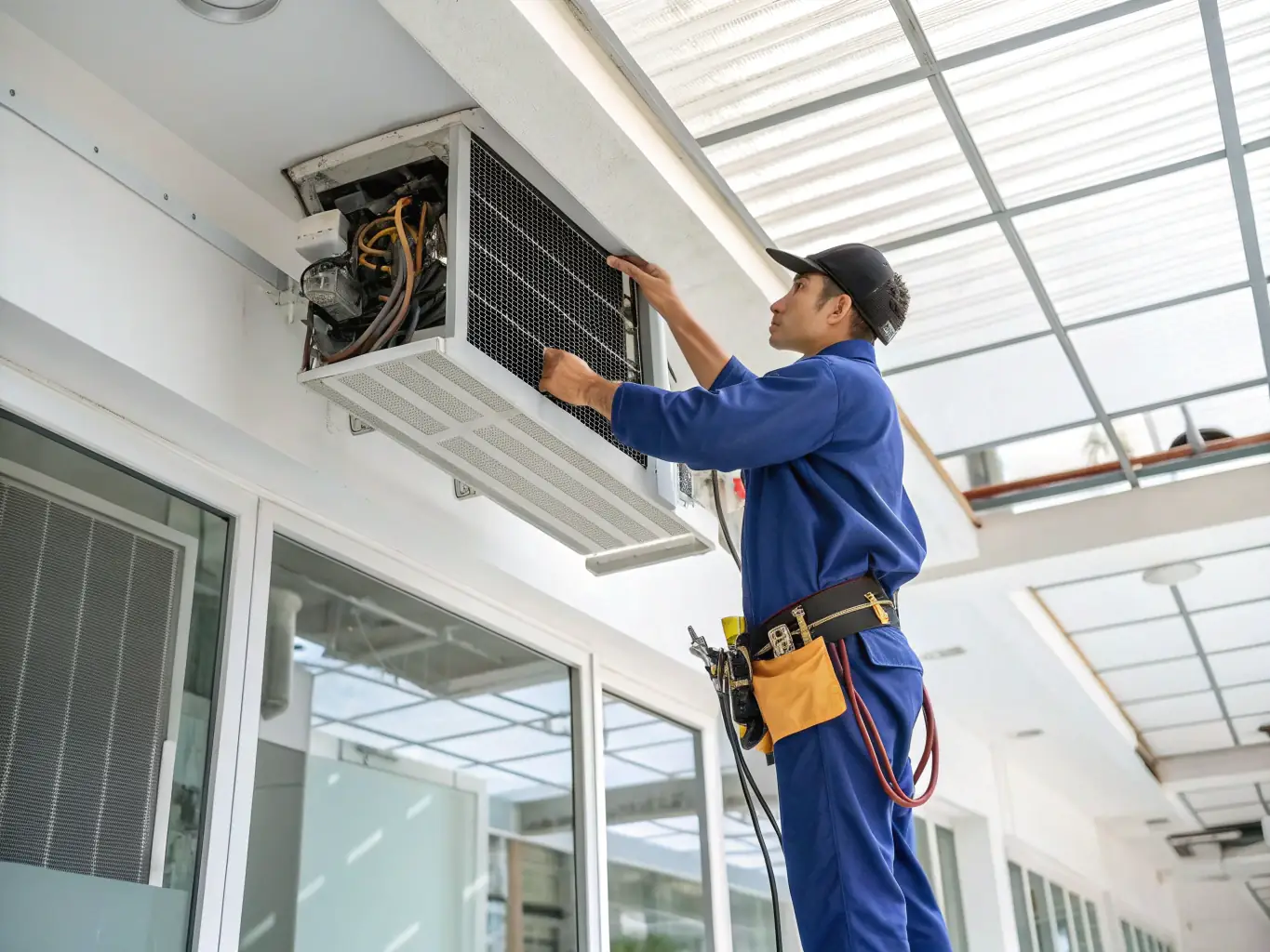 A technician performing routine maintenance on an air conditioning unit, with Action Heating & A/C branding visible.