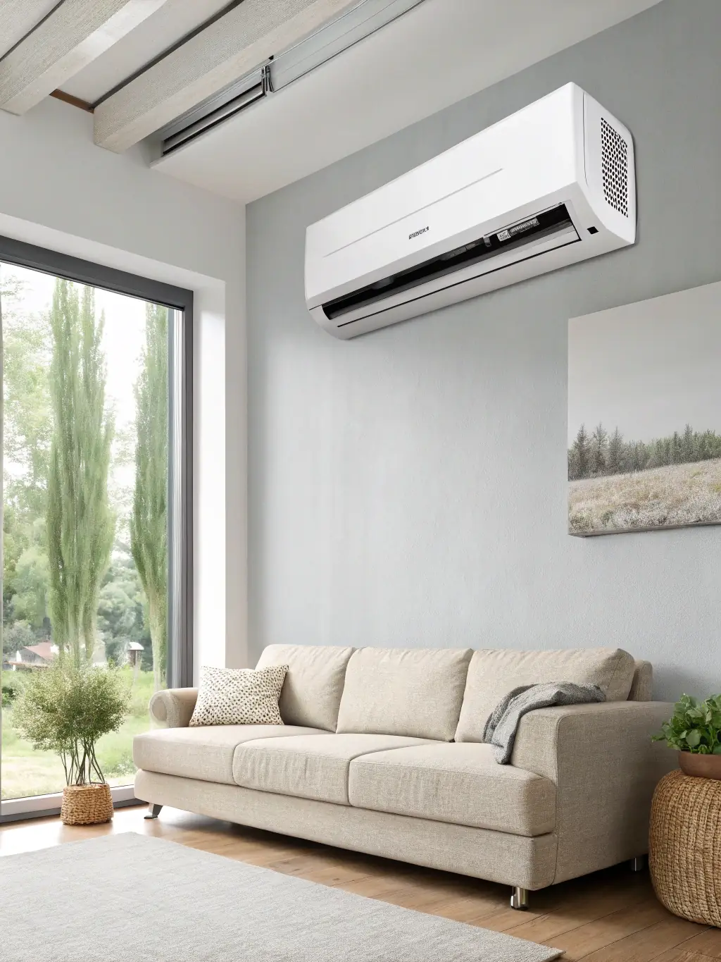 A high-efficiency air conditioner unit with a focus on its smart thermostat, showcasing energy savings.
