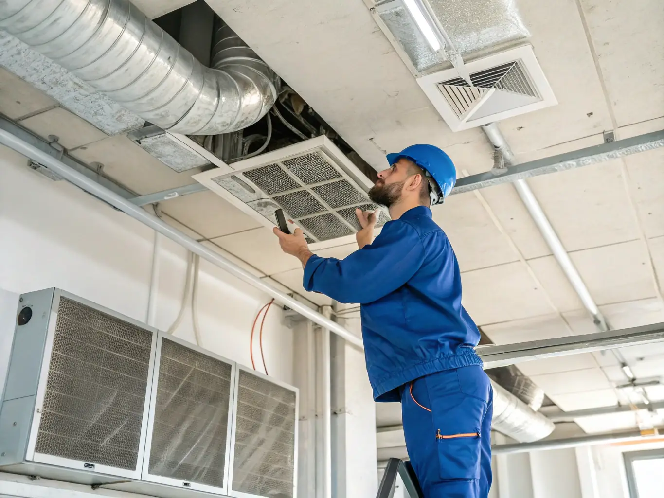 A technician repairing a complex HVAC system, showcasing Action Heating & A/C's expertise in diagnostics and repair.