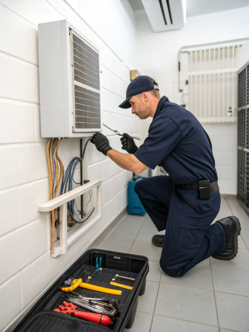 A technician using advanced diagnostic tools to identify and resolve an HVAC issue, showcasing expertise and efficiency.