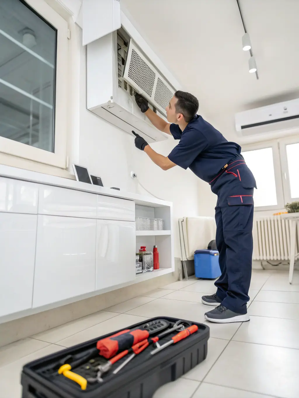 A technician performing routine maintenance on an HVAC system, ensuring its optimal performance and longevity.